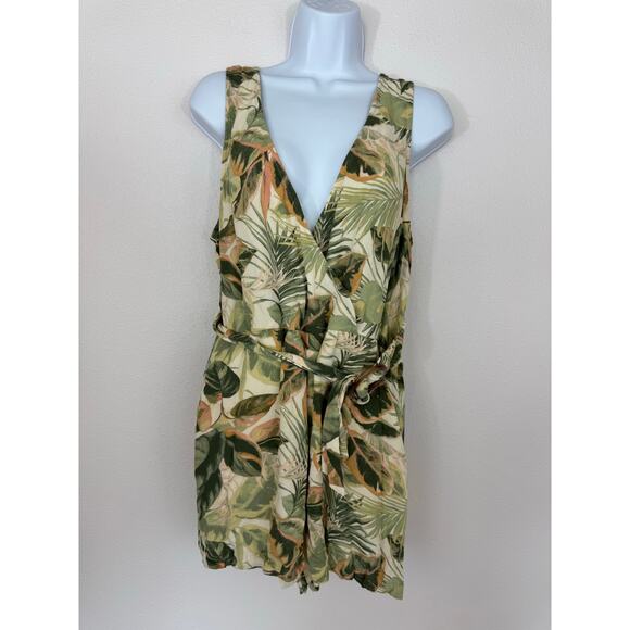 American Eagle Leaf Print Wrap Romper Large | Tropical Belted Palm Summer Style - Picture 1 of 7